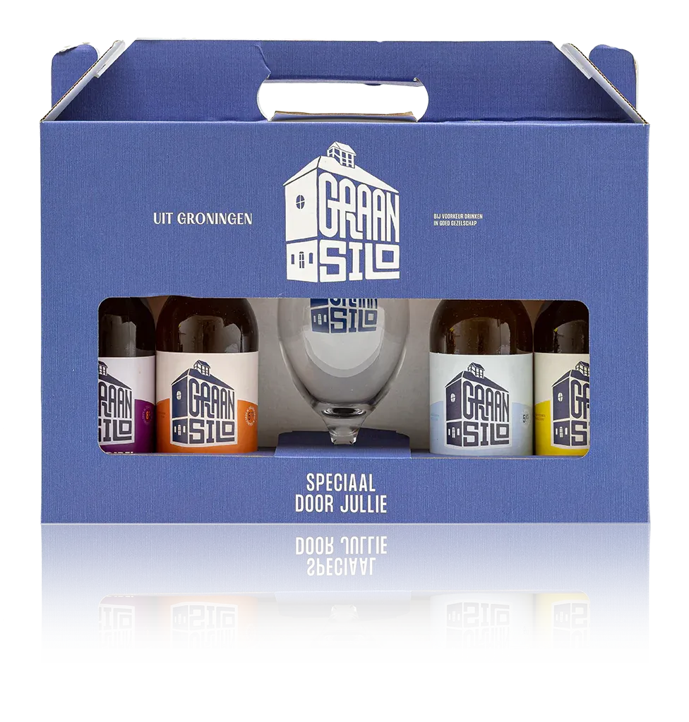 Graansilo geschenkverpakking 4 bier 1 glas - Biercadeau met glas