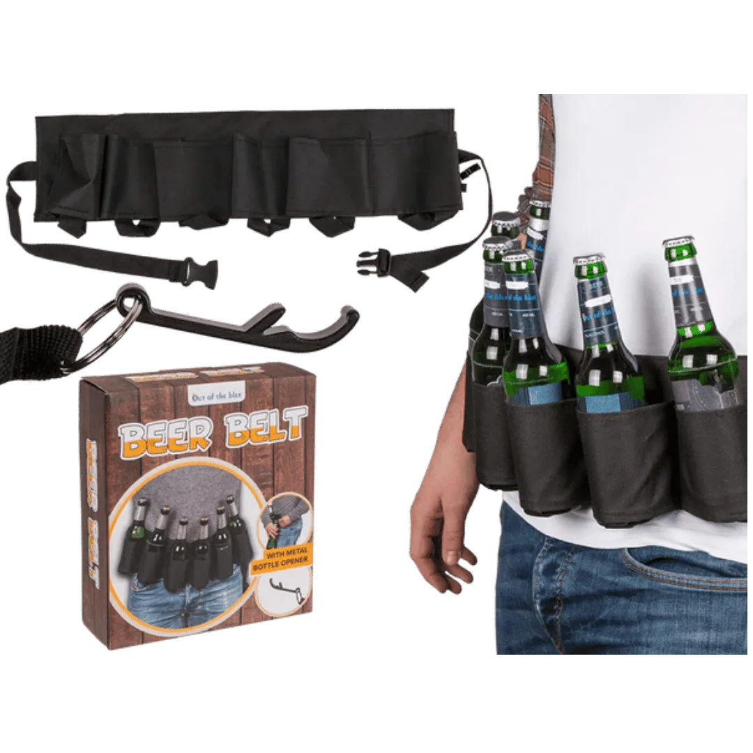 Detail van Bierriem Zwart - Draagriem voor 6 Blikjes/Flesjes - Cadeautip voor bierliefhebbers
