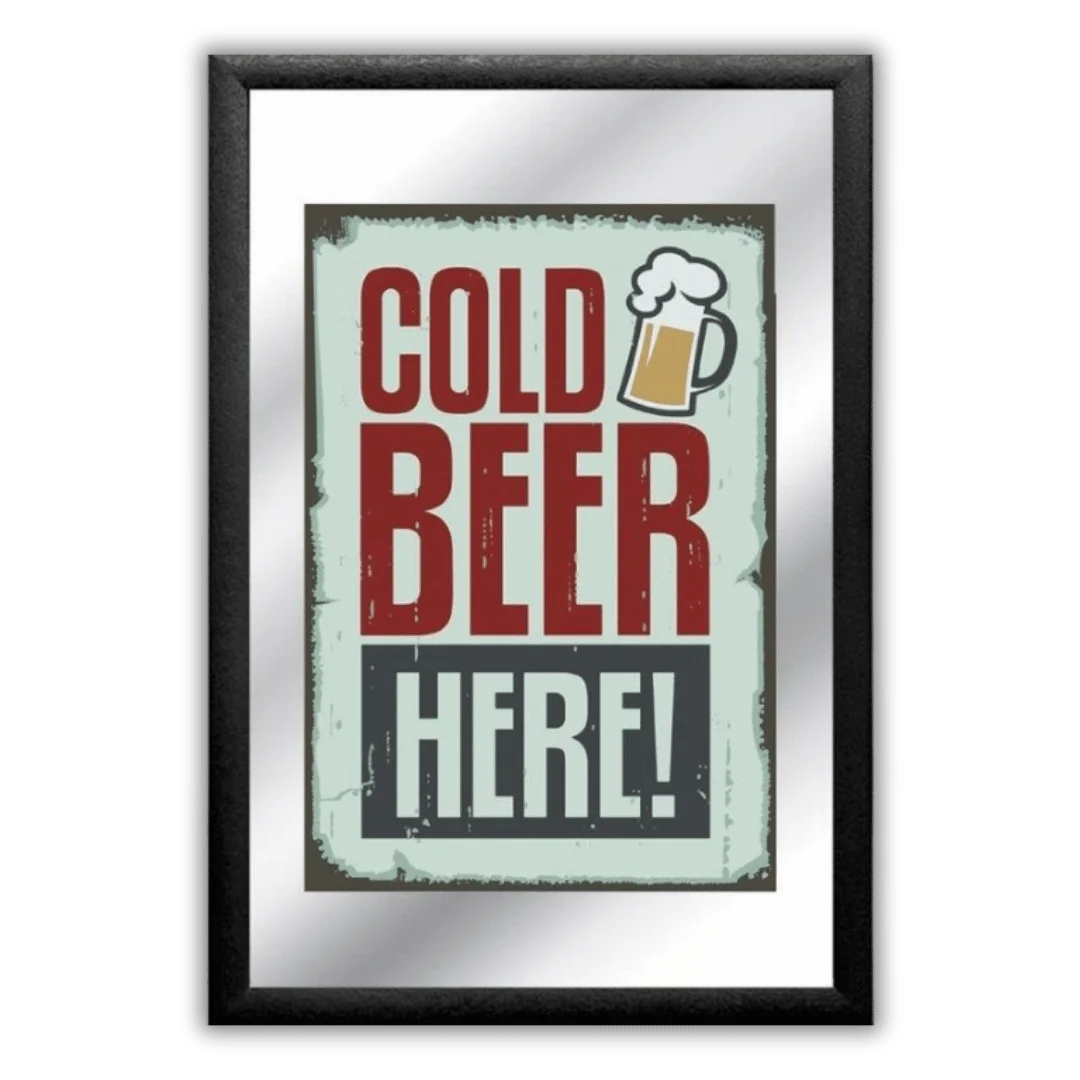 Pub Spiegel 'Cold Beer Here' - Bar Decoratie met Lijst (22x32cm) - Het perfecte biercadeau voor de mancave