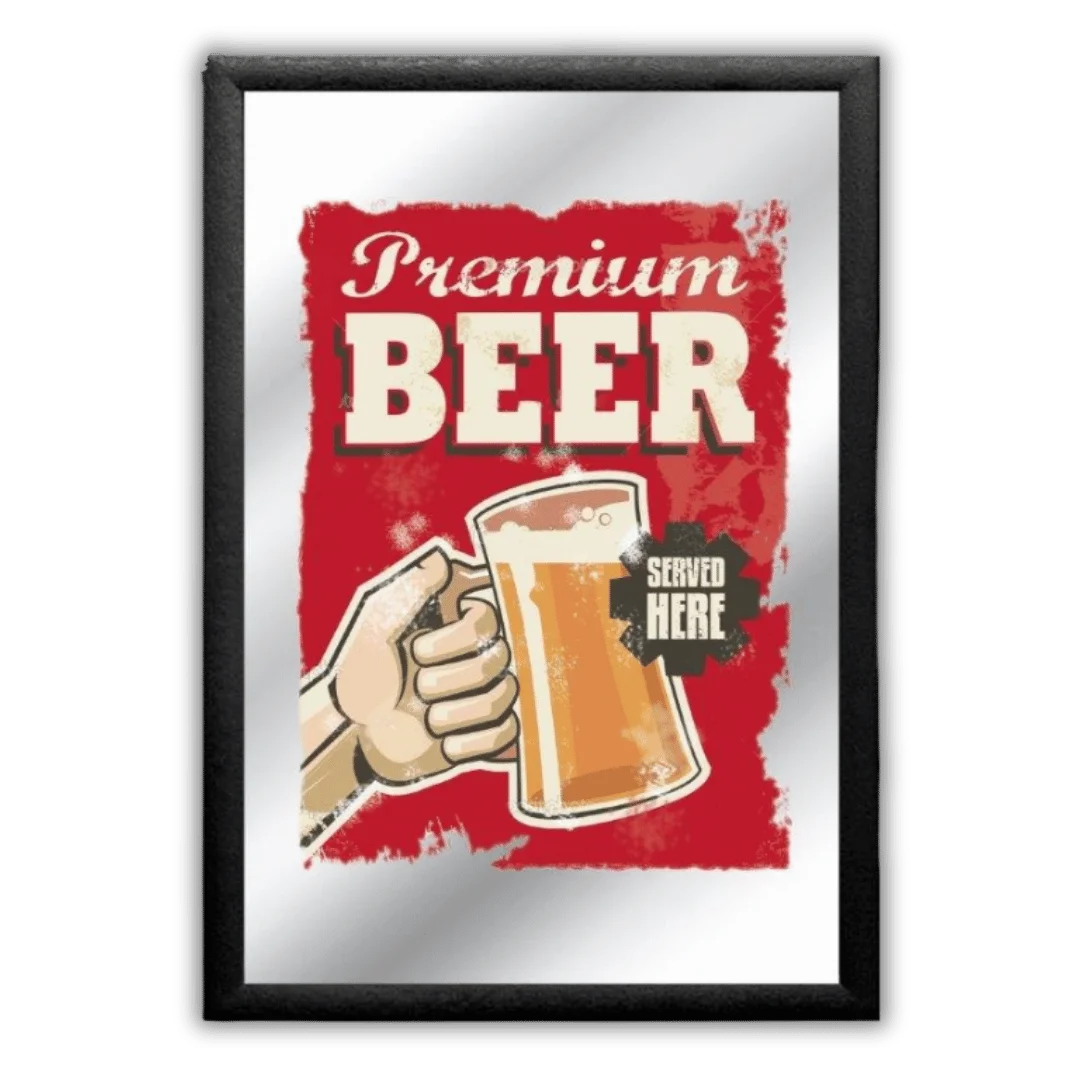 Pub Spiegel 'Premium Beer' - Bar Decoratie met Lijst (22x32cm) - Het perfecte biercadeau voor de mancave