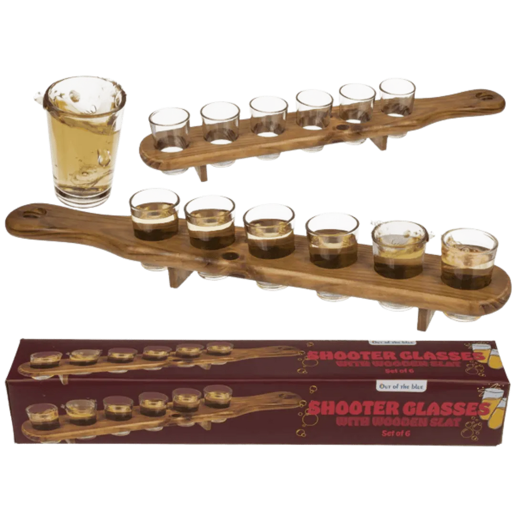Shotglaasjes Serveerplank - Houten Lat met 6 Glaasjes - Het perfecte biercadeau voor de mancave