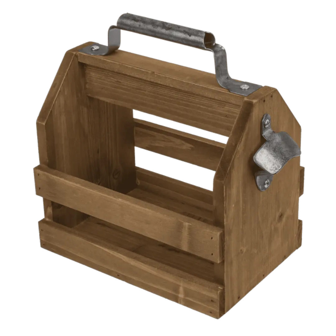 Detail van Houten Flesdrager (Sixpack) met Vaste Opener - Cadeautip voor bierliefhebbers