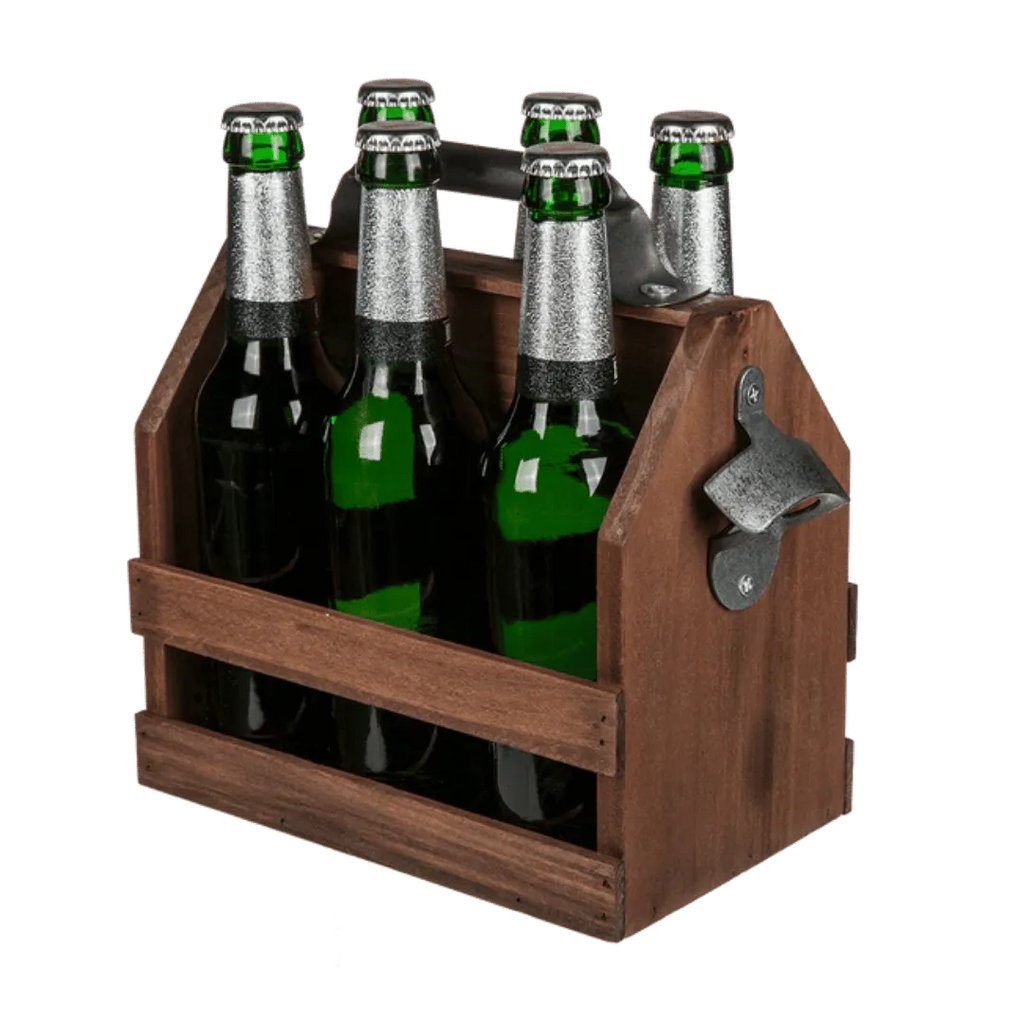 Detail van Houten Flesdrager (Sixpack) met Vaste Opener - Cadeautip voor bierliefhebbers