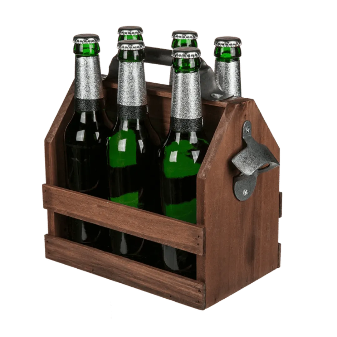 Detail van Houten Flesdrager (Sixpack) met Vaste Opener - Cadeautip voor bierliefhebbers