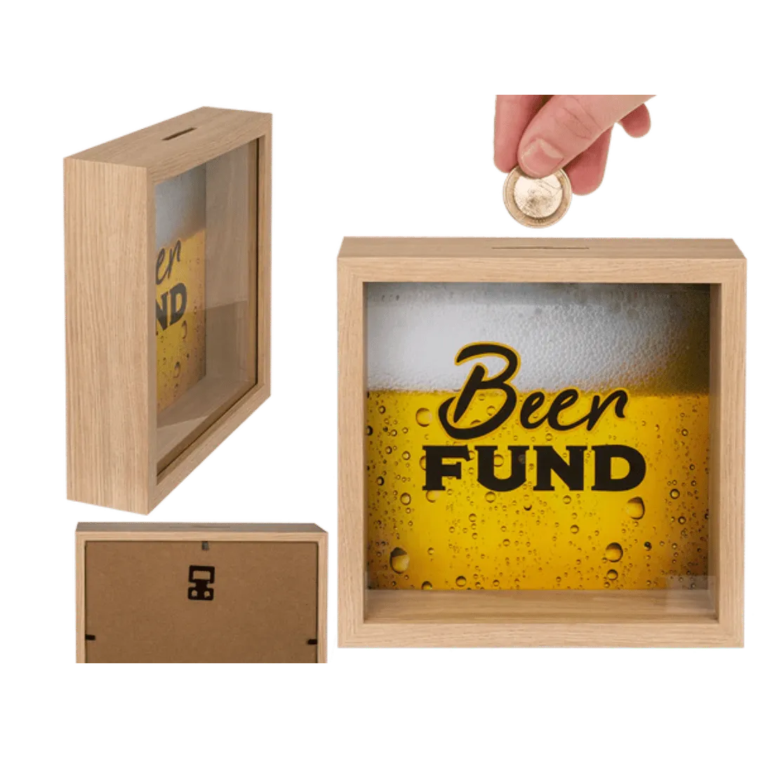 Houten Spaarpot 'Beer Fund' - Met Glasplaat - Het perfecte biercadeau voor de mancave