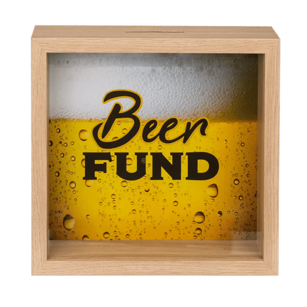 Detail van Houten Spaarpot 'Beer Fund' - Met Glasplaat - Cadeautip voor bierliefhebbers