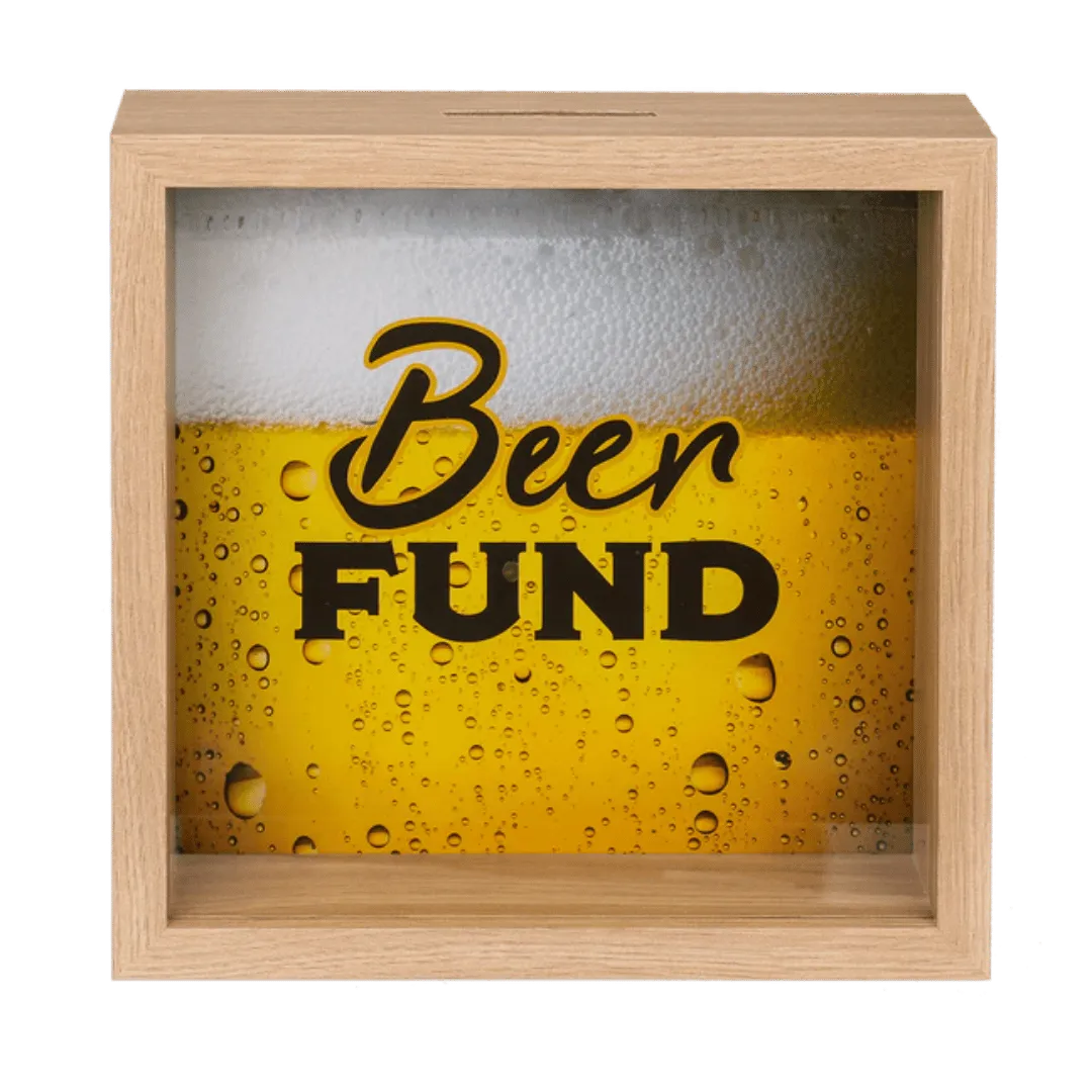Detail van Houten Spaarpot 'Beer Fund' - Met Glasplaat - Cadeautip voor bierliefhebbers